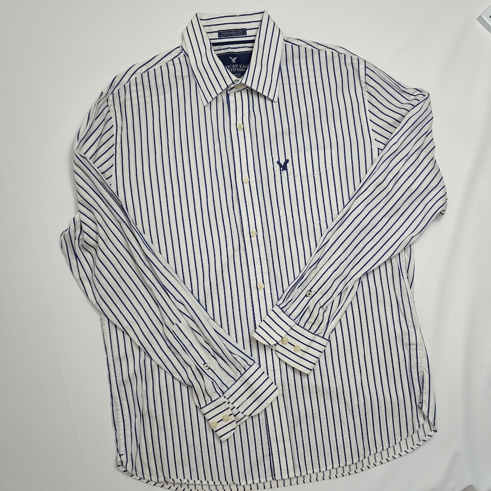 American Eagle Outfitters Men's White With Navy Stripe, Dress Shirt, Size Large